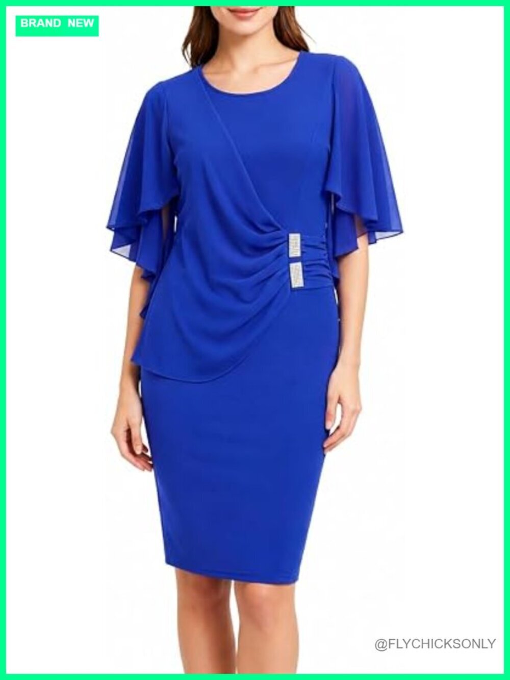 Cape Sleeve Midi Dress with Rhinestone Ruffle Waist for Cocktail Parties